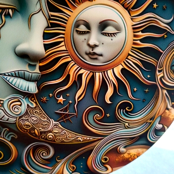 Moon and Sun Ying Yang style Glass Painted  Hanging Artwork w Chain - Picture 5 of 9